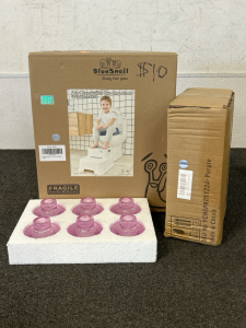 New In Box Blue Snail 2-In-1 Removable Two Step Stool and (12) Pink Glass Candlesticks