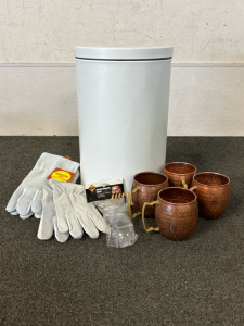 White Trash Can, (2) Pairs Of Work Gloves, Safety Glasses and Set Of 4 Copper Mugs