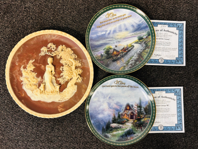 (2) Collectible Thomas Kinkade Plates With Certificates of Authenticity and (1) Sculptured Plate By Gayle Bright Appleby "She Walks In Beauty "