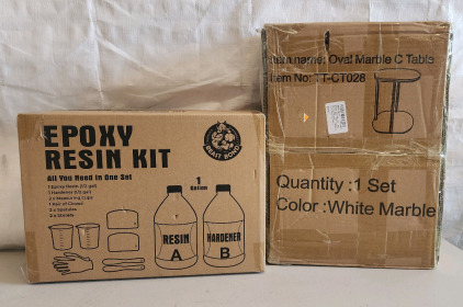 Epoxy Resin - Ultra-Gloss 1 Gallon Kit, Crystal Clear, Self-Leveling, UV & Impact Resistant Resin Kit for Art, Jewelry, Tables & Countertops, Easy 1:1 Mix, DIY Crafts And A Wooden Marble Side Table, Oval Top with Gold Metal Frame for Ends, Compact Marble 
