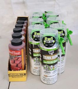 (6) Bottles Of Liquid Cement Color (Red) And (9) Cans Of DAP Tank Bond Heavy Duty Foam Construction Adhesive!