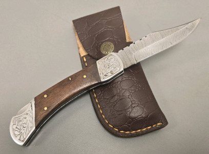 Hand Made Damascus Steel Folding/Locking Pocket Knife By Hunting Hawk Inc With Leather Sheath- Brand New