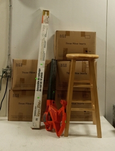 (5) Boxes of Throw Pillow Inserts, (1) Wooden Stool, (1) Black and Decker Leaf blower, (1) 10ft Extension Rail Kit