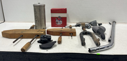 (1) Bike Seat (1) Bike Fork (1) Metal Item (2) Woodworking Clamps (1) Christmas Decoration (1) Metal Container