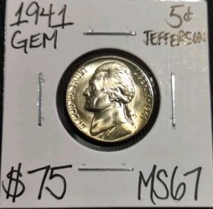 1941 MS67 Gem Mint State Jefferson Nickel