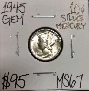 1945 MS67 Gem Silver Mercury Dime