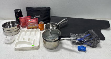 (1) Black Desk Floor Mat & Assorted Kitchenware