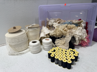 (1) Large Bin Of Lace Fabric & Black Thread