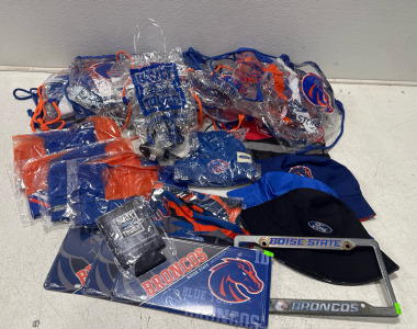 Large Lot Of Assorted Boise State Themed Bags, Beanies, Liscense Plate & More!