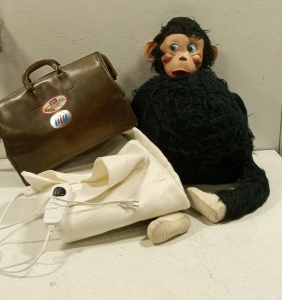 (1) Rare Vintage Giant Monkey Plush Toy, (1) Vintage Leather Duffle Bag, (1) Electric Blanket