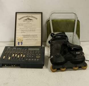 (1) Kentucky Governor Document in Frame, (1) Set of Roller Blades, (1) Korg D8 Digital Recording Studio, (1) Foldable Seat
