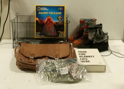 (1) Hampster Cage, (1) Jumbo Volcano Kit, (2) Pairs of Women's Plush Boots, (1) Leather Bag, (1) Fire Blanket, (1) Parachute Nail Pouch