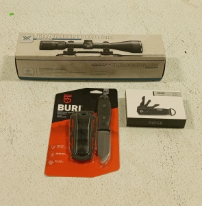 (1) Vortex Diamondback Riflescope, (1) Buri Drop Point Knife, (1) Ridge Keycase