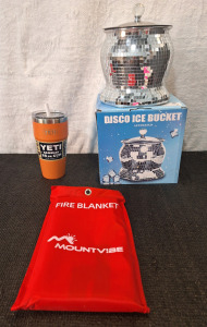 (1) YETI 26-Oz Rambler Cup W/ Straw Lid, (1) Disco Ball Ice Bucket & (1) Fire Blanket, 40" x 40"
