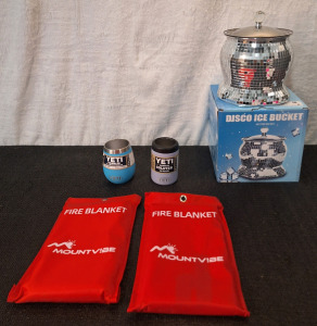 (1) YETI 10-Oz Rambler Wine Tumbler, (1) YETI Rambler Colster Can Insulator, (1) Disco Ball Ice Bucket & (2) Fire Blankets, 40" x 40"