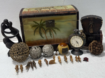 Hand Painted Chest With Decor- (3) Chests- Assorted Hand Carved And Painted Animal Figurines