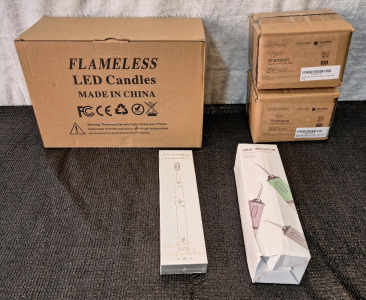 (1) 9-Piece Flameless LED Candle Set W/ 2-Remotes Burgundy, (1) Flexforce - Sonic Electric Toothbrush, (1) Oral Irrigator & (2) 20-Count Boxes Of 1-Oz Tubes Of Aqua Organics Shampoo