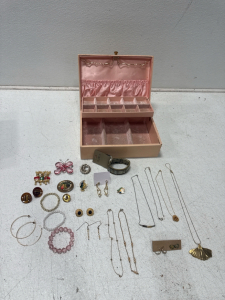 (1) Pink Jewelry Box With Assorted Jewelry- Necklaces, Earrings, Pins & More!