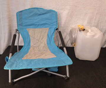 (1) Low Sling Folding Lightweight Mesh Back Chair W/ Bag & (1) 5-Gallon Water Container W/ Hose & Attachments