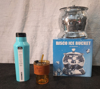 (1) Corkcicle Classic Sport Canteen, Turquoise, (1) 12-Oz Amber Glass W/ Lid & Straw & (1) Disco Ball Ice Bucket