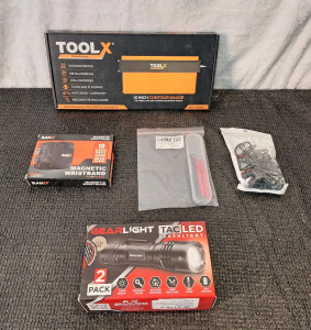 (1) Tool X - 10" Contour Guage, (1) Magnetic Wristband, (1) Pick Set, (1) Pack Of (20) Small S-Carabeaners & (1) Gear Light - 2-Pack Of LED Flashlights