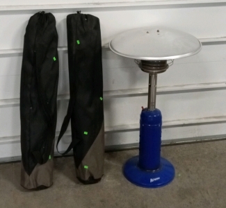 (1) Outdoor Flame Heater and (2) Outdoor Collapsible Chairs
