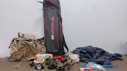 Ice fishing duffel bag. Fishing gloves flash light. Fishing backpack & more.