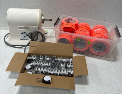 (1) The Champion Worlds Finest Juicer- No Attachments & Assorted Rolls Of Quarantine Tape & 1 Box Full Of Key Chain Measuring Tapes