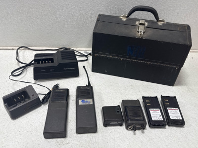 (3) Vintage Motorola Walkie Talkies With Charging Stations & Batteries & (1) Black Tool Box