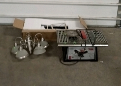 (1) Table Saw, (1) 5 Light Chandelier, (1) Farm House Style Hanging Light Fixture New