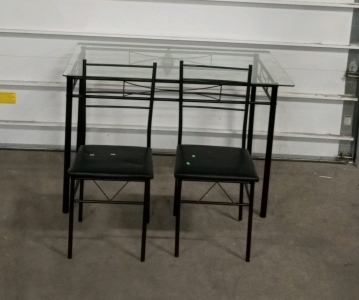 (1) Glass Top and Metal Table 27x29x30 and (2) Matching Metal Chairs