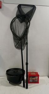 (1) Lodge Dutch Oven, (2) Large Fishing Nets, (1) Bait Carrying container