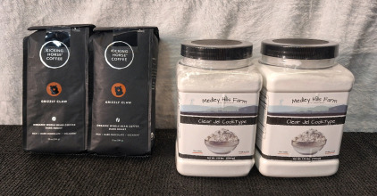 (2) 10-Oz Bags Of Kicking Horse Whole Bean Coffee, Exp Sept 2026 & (2) 1.75-Lb Containers Of Medley Hill Farm Clear Jell Cook Type