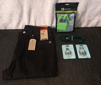 (1) Pair Of Levi's 501s Original, Black, 33W x 32"L, (1) Gear Beast Pocket Lanyard, (1) 8' USB C to USB C Cable, (1) 2-Pack Of USB Male To USB C Female Adapters & (1) 2-Pack Of USB C Male To USB Female Adapters