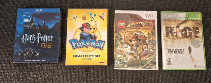 (1) Harry Potter 8 - Blue Ray Disk Move Set, (1) Pok&eacute;mon 4-Film Collectors Disk, (1) Wii Game - Lego Indiana Jones & (1) XBox 360 Game - Rage