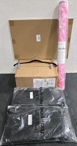 Box of (50) Velvet Skirt Hangers, Pink Mahjong Mat, (2) Faux Fur Shawls, Canvas Wall Art