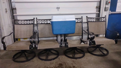 (4) Matching Patio Mesh/Metal Chairs (Black/Tan) & (1) 22"x 14&frac12;"x 16&frac12;" Blue Rubbermaid Cooler