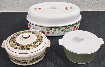 Flame-Chef Vintage Casserole Stoneware / +$80 Value! , Corning Ware Casserole Dish / +$30 Value! , Strawberry Decorated Turkey Cooker Dish w/ Grease Basin