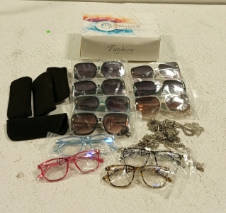 (7) New in the Pack Sunglasses, (4) New in the Pack +4.00 Reading Glasses, and (2) Butterfly Necklaces