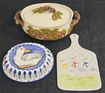(3) Vintage Ceramic & Porcelain: Sigma Hand-Painted Tasteseller-Duck , Otagiri "Country Geese" - Japan 1983 , Hand-Crafted Casserole Dish - 1969 / +$100 Combined Value!