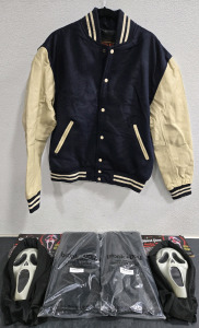 Brutal Bee Leather Letterman Jacket (XL) , (2) Faux Fur Shawls, (2) Ghost Face Horror Masks