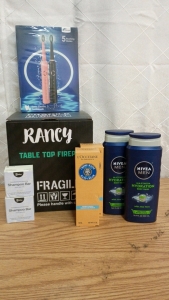 Table Top Firepit, (2) Men's Nivea Body Wash, 2pk Sonic Electric Toothbrush and Whole Box Amazon Overstock