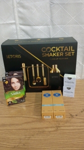 Setoris Conclusion Shaker Set Gold, (2) Earthling Co Shampoo Bar, (2) L'Occitane Hand Cream and (2) Vatika Henna Hair Colour Rich Black and Whole Box Amazon Overstock