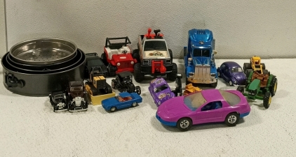 (1) Large Lot of Vintage Collectible Toy Cars and (4) Metal Pans