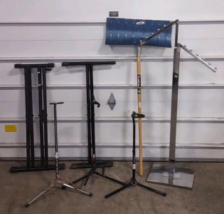 (2) Musical Keyboard Stands, (3) Assorted Sized Guitar Stands, & More