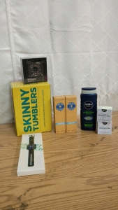 4pk Strata Skinny Tumblers 16oz, XDH Smart Watch GTX12, Men's Nivea Body Wash, Mini Scale and Whole Box Amazon Overstock