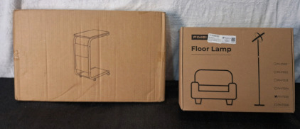(1) C Shaped End Table, Walnut Colored & (1) Modern LED Floor Lamp , Matte Black Finish