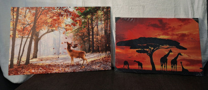 (2) Large - Canvas Wall Art Prints, (1) Deer In Autumn Forest, 36"W x 24"T & (1) Giraffes At Sunset, 30"W x 20"T<br/>