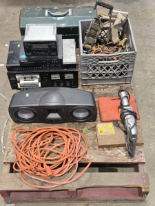 Whole Pallet of Assorted Tools, Straps, Electronic Equipment, & (2) Extension Cables