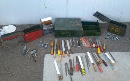 (35) Files Rasps Hardware & Ammo Boxes - (35) Metal Files & Rasps (20+) Assorted Hardware Fittings (3) Military & Tool Boxes